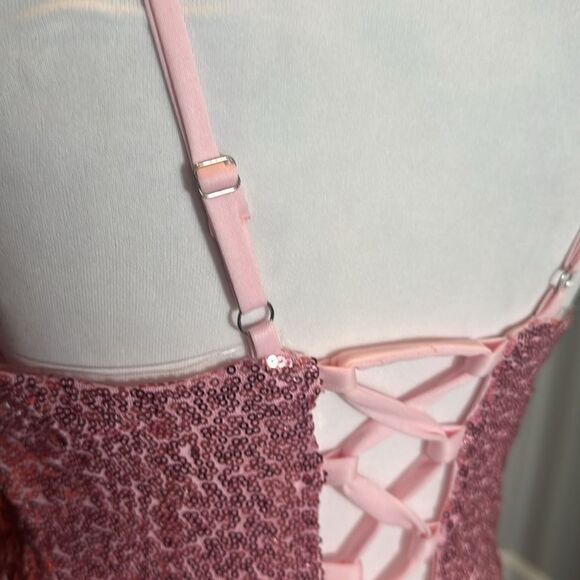 Women’s Pink Sequined Short Homecoming Party Dress Ruffle Hem CorsetBack Size 4 - Picture 14 of 16